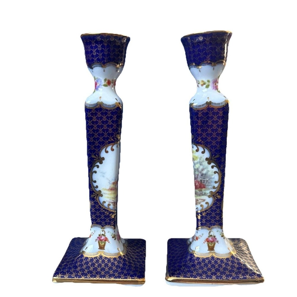 Past Times Cobalt Blue Gold Floral Porcelain Candlesticks Set of 2 Vintage Style